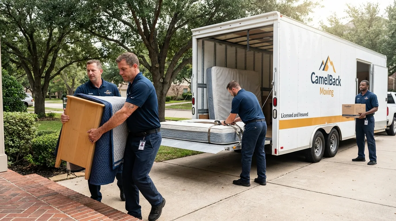 Crew loading residential truck for cross-state move from West, TX