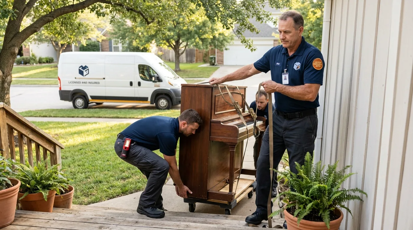 Licensed piano movers securing grand piano in West, TX
