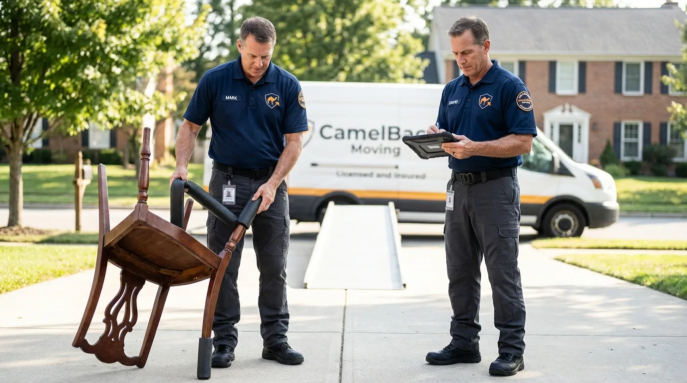 Movers inspecting furniture for damage prevention before loading in West, TX