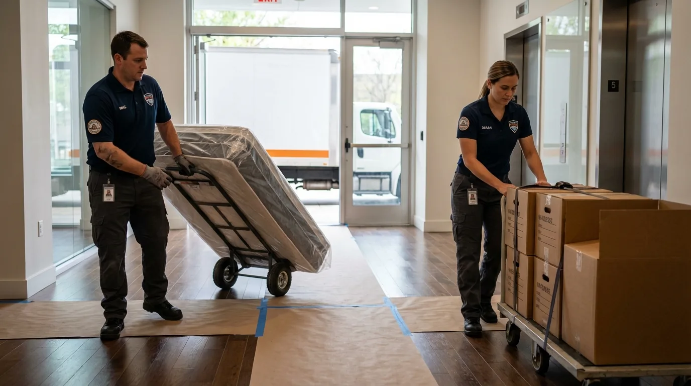 Professional apartment movers loading elevator in West, TX