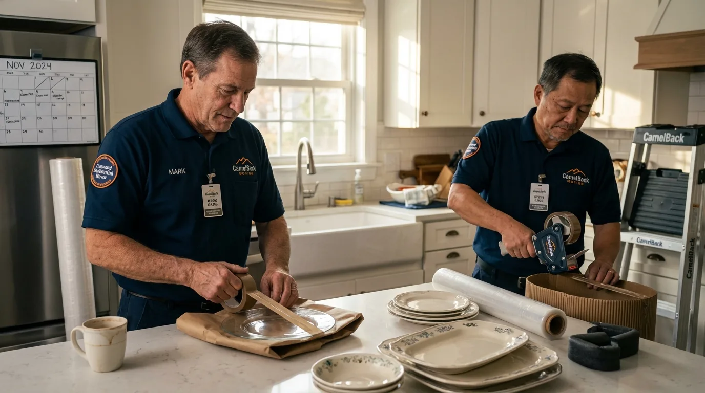 Professional crew packing kitchen dishware in West, TX